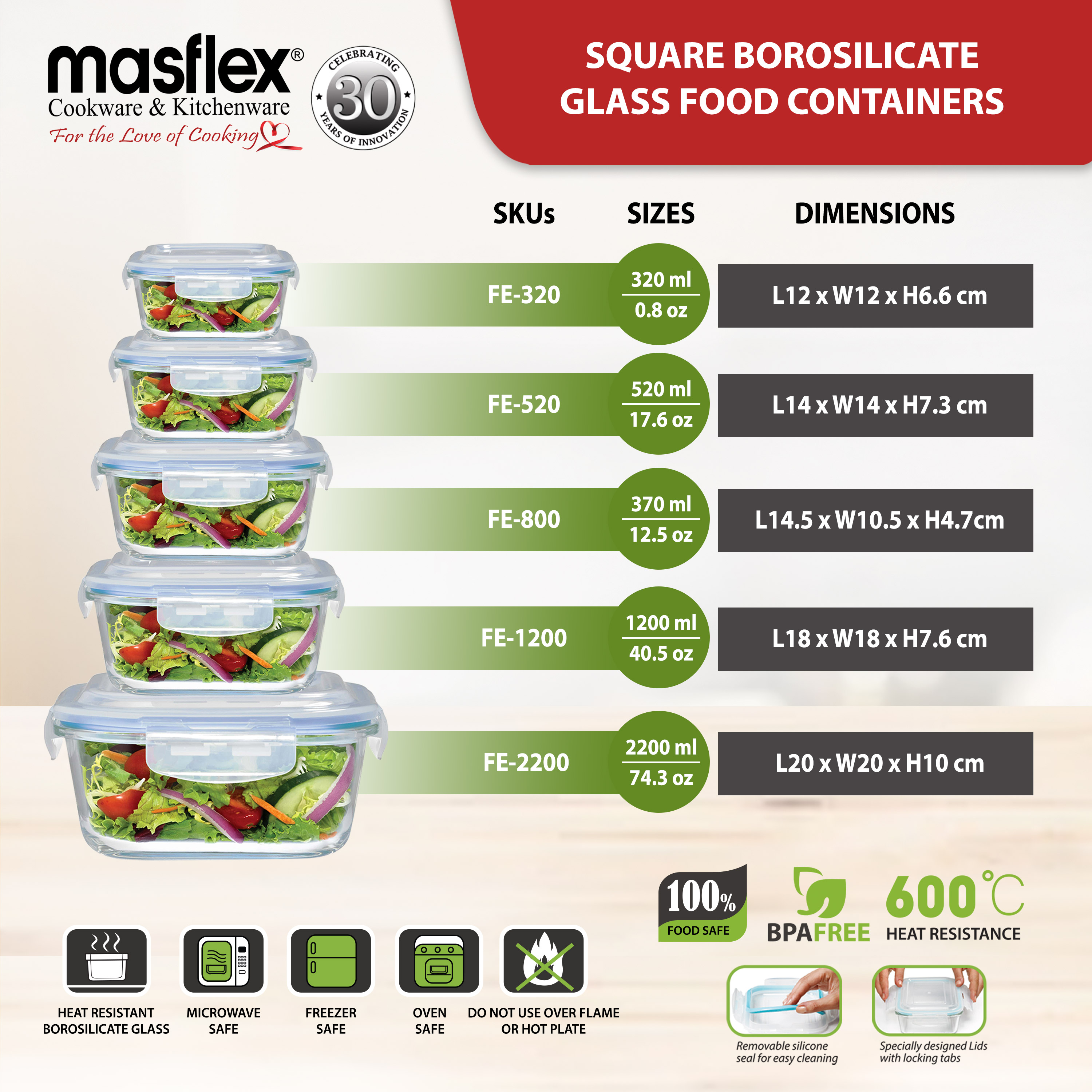 Square Borosilicate Glass Food Container Masflex