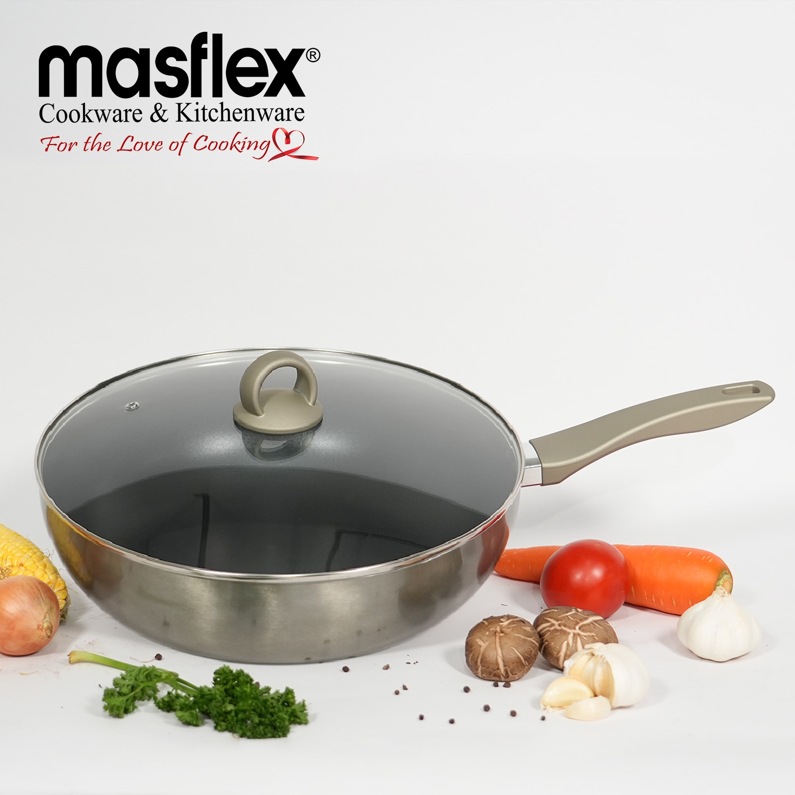 Masflex 32 cm Master Class Non Stick Wok With Glass Lid