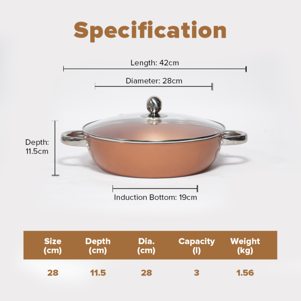 Masflex 28cm Copper Induction Skillet with Glass Lid - Image 6