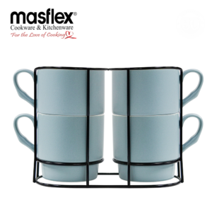 MASFLEX 4 PIECE 300ML STACKABLE MUG WITH RACK-BLUE