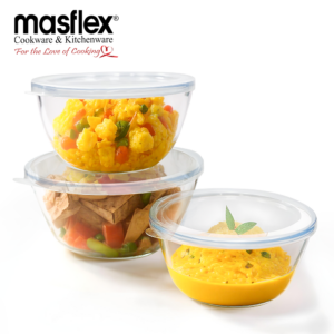 MASFLEX 3 PIECE BOROSILICATE GLASS MIXING BOWL WITH LID